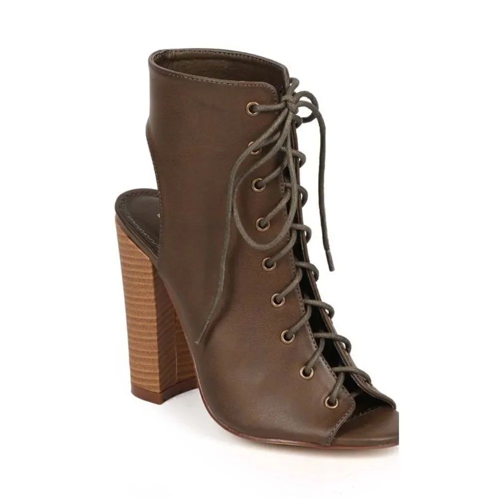 Liliana Sage-11 Vegan Leather Peep Toe Lace Up Chunky Cutout Heel Bootie Olive